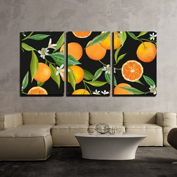 wall26 - 3 Piece Canvas Wall Art - Vector - Seamless Pattern. Orange Fruits Background. - Modern Home Art Stretched and Framed Ready to Hang - 24"x36"x3 Panels