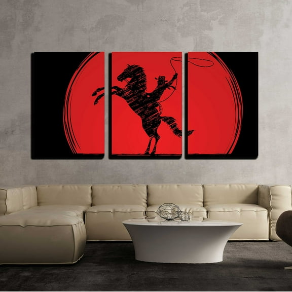 wall26 - 3 Piece Canvas Wall Art - Vector - Silhouette, Cowboy on Bucking Horse with Lasso - Modern Home Art Stretched and Framed Ready to Hang - 16"x24"x3 Panels