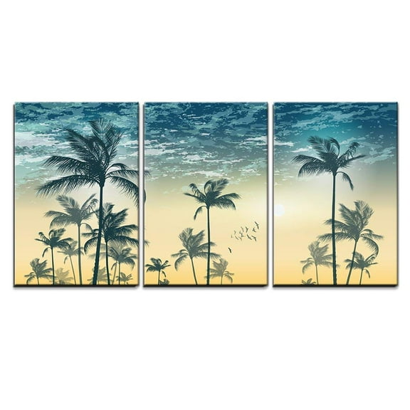 wall26 - 3 Piece Canvas Wall Art - Vector - Tropical Palm Tree Scene at Sunset or Sunrise Highly Detailed and Editable - Modern Home Art Stretched and Framed Ready to Hang - 16"x24"x3 Panel
