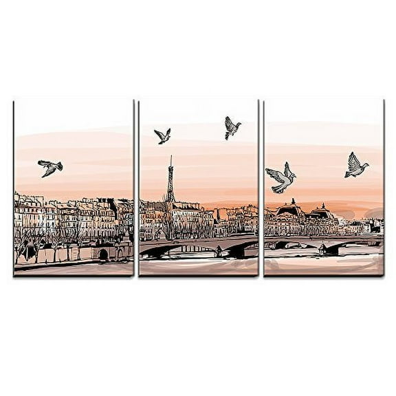 wall26 - 3 Piece Canvas Wall Art - Vector - View of Paris from Pont Des Arts - Vector Illustration - Modern Home Art Stretched and Framed Ready to Hang - 16"x24"x3 Panels