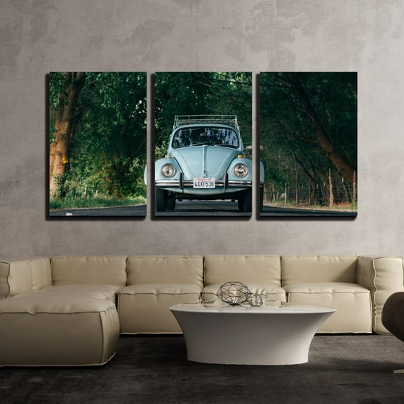 wall26 - 3 Piece Canvas Wall Art - Vintage Car Driving The a Lane with Trees - Modern Home Art Stretched and Framed Ready to Hang - 24"x36"x3 Panels