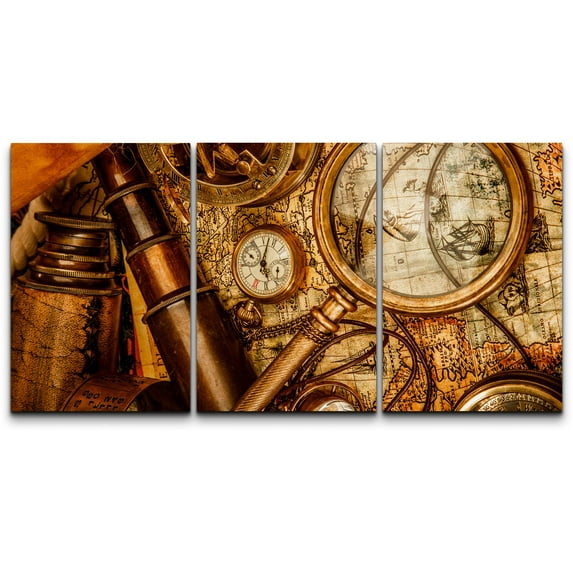 wall26 - 3 Piece Canvas Wall Art - Vintage Grunge Still Life. Vintage Items on Ancient Map in 1565. - Modern Home Art Stretched and Framed Ready to Hang - 24"x36"x3 Panels