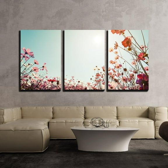 wall26 - 3 Piece Canvas Wall Art - Vintage Landscape Nature Background of Beautiful Cosmos Flower Field - Modern Home Art Stretched and Framed Ready to Hang - 16"x24"x3 Panels