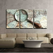 wall26 - 3 Piece Canvas Wall Art - Vintage Magnifying Glass on an Old Map. - Modern Home Art Stretched and Framed Ready to Hang - 16"x24"x3 Panels