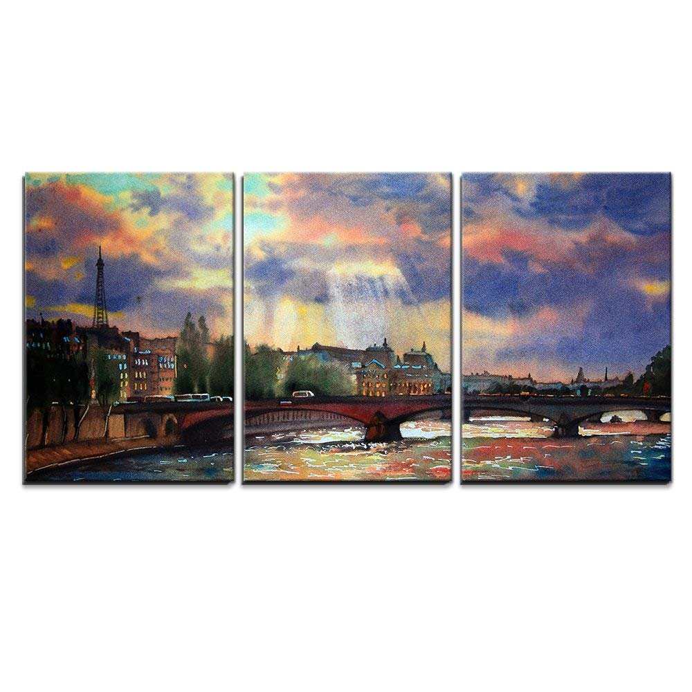 wall26 - 3 Piece Canvas Wall Art - Watercolor Painting of The Paris ...