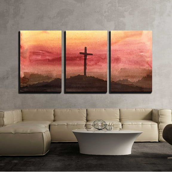 wall26 - 3 Piece Canvas Wall Art - Watercolor Vector Illustration. Hand Drawn Easter Scene with Cross. - Modern Home Art Stretched and Framed Ready to Hang - 16"x24"x3 Panels