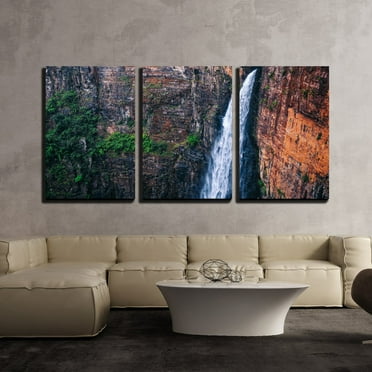 wall26 - 3 Piece Canvas Wall Art - Waterfall on The Deep Cliff - Modern Home Art Stretched and Framed Ready to Hang - 16&quot;x24&quot;x3 Panels