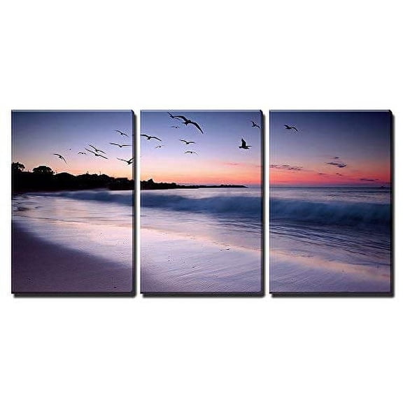 wall26 - 3 Piece Canvas Wall Art - Waves Crashing on Beach at Sunset with Birds Flying by - Modern Home Art Stretched and Framed Ready to Hang - 24"x36"x3 Panels