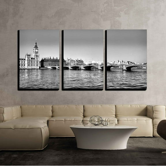 wall26 - 3 Piece Canvas Wall Art - Westminster Bridge Panorama View in London, UK - Modern Home Art Stretched and Framed Ready to Hang - 24"x36"x3 Panels