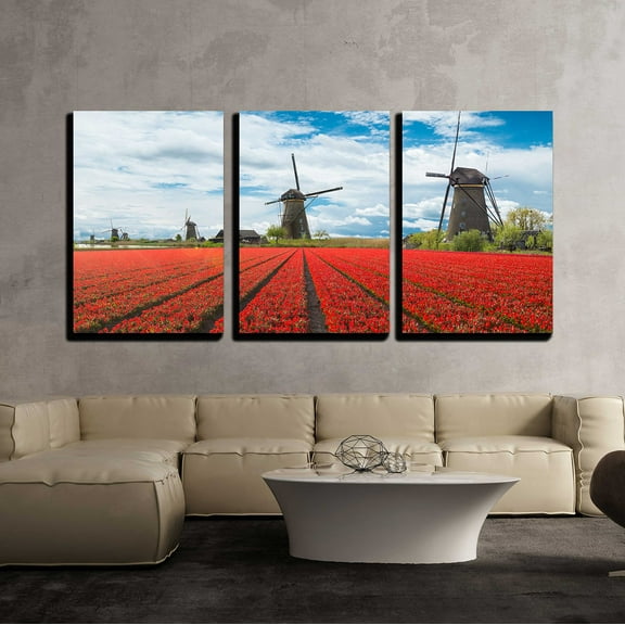 wall26 - 3 Piece Canvas Wall Art - Windmill with Beautiful Tulip Field in Holland. - Modern Home Art Stretched and Framed Ready to Hang - 24"x36"x3 Panels