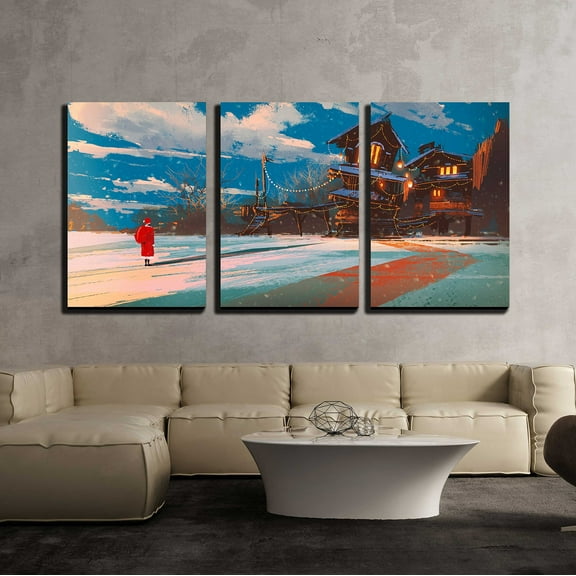 wall26 - 3 Piece Canvas Wall Art - Winter Landscape with Wooden House at Christmas Night,Illustration Painting - Modern Home Art Stretched and Framed Ready to Hang - 16"x24"x3 Panels