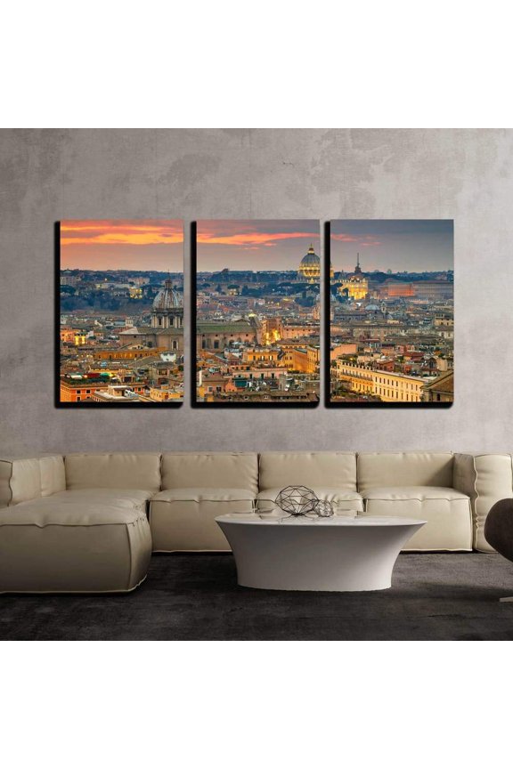 - 3 Piece Canvas Wall Art - Wonderful View of Rome at Sunset Time with St Peter Cathedral - Modern Home Art Stretched and Framed Ready to Hang - 16"x24"x3 Panels