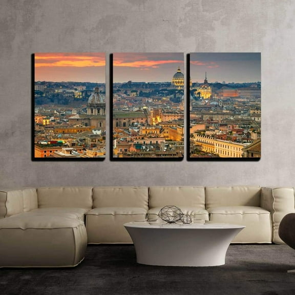 wall26 - 3 Piece Canvas Wall Art - Wonderful View of Rome at Sunset Time with St Peter Cathedral - Modern Home Art Stretched and Framed Ready to Hang - 16"x24"x3 Panels