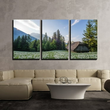 wall26 - 3 Piece Canvas Wall Art - Wood Hut with Flowers Surrounded with Beautiful Nature Scenery - Modern Home Art Stretched and Framed Ready to Hang - 24&quot;x36&quot;x3 Panels