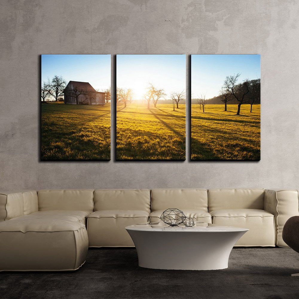wall26 - 3 Piece Canvas Wall Art - Wood Hut with Morning Sun Light