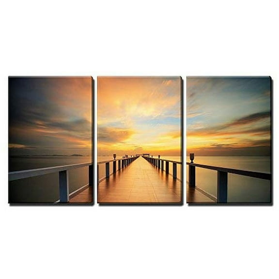 wall26 - 3 Piece Canvas Wall Art - Wooded Bridge in The Port Along Sunrise. - Modern Home Art Stretched and Framed Ready to Hang - 16"x24"x3 Panels