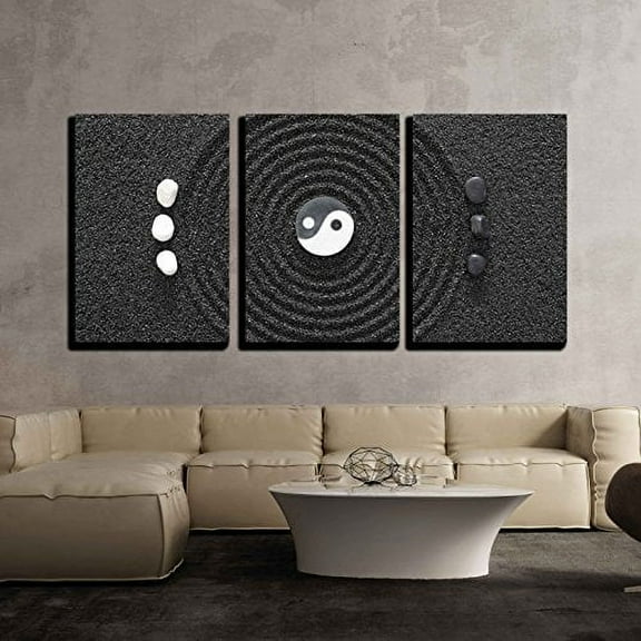 wall26 - 3 Piece Canvas Wall Art - Zen Garden in Black Sand - Modern Home Art Stretched and Framed Ready to Hang - 16"x24"x3 Panels