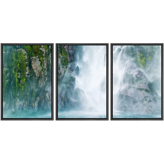 wall26 - 3 Piece Canvass Wall Art - Waterfall with Fluffy Stream Fall on The sea, Milford Sound, Southern Island, New Zealand - Modern Home Art Stretched and Ready to Hang - 16"x24"x3 Black