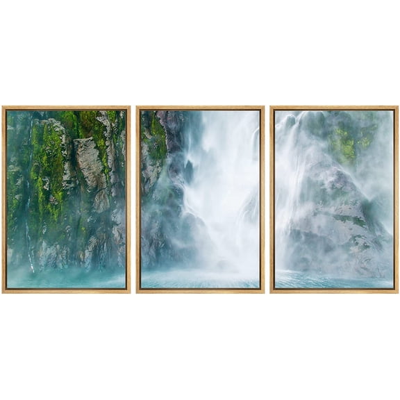wall26 - 3 Piece Canvass Wall Art - Waterfall with Fluffy Stream Fall on The sea, Milford Sound, Southern Island, New Zealand - Modern Home Art Stretched and Ready to Hang - 16"x24"x3 Natur