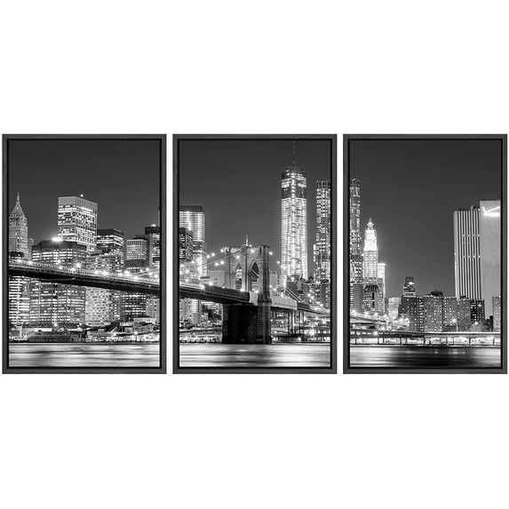wall26 3 Piece Framed Canvas Print - Contemporary Art, Modern Wall Art - Black and White Manhattan Skyline and Brooklyn Bridge - Giclee Artwork - Gallery Wrapped Wood Stretcher Bars - 16"x24&quo