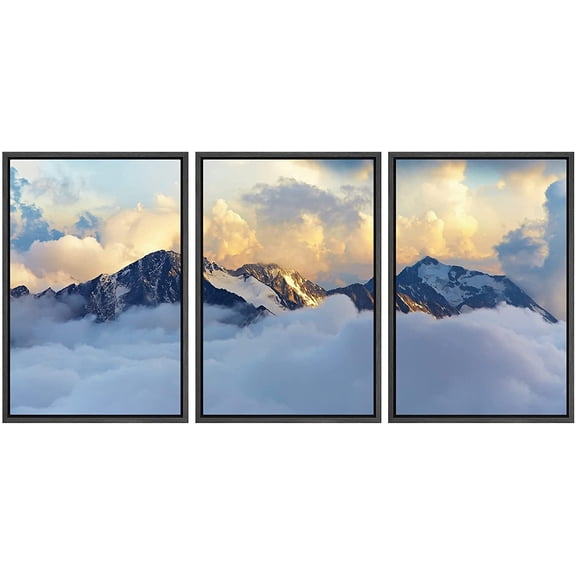 wall26 - 3 Piece Framed Canvas Wall Art - Alpine Landscape with Peaks Covered by Snow and Clouds - Modern Home Art Stretched and Framed Ready to Hang - 24"x36"x3 BLACK