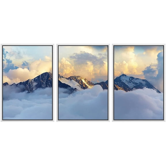 wall26 - 3 Piece Framed Canvas Wall Art - Alpine Landscape with Peaks Covered by Snow and Clouds - Modern Home Art Stretched and Framed Ready to Hang - 16"x24"x3 WHITE