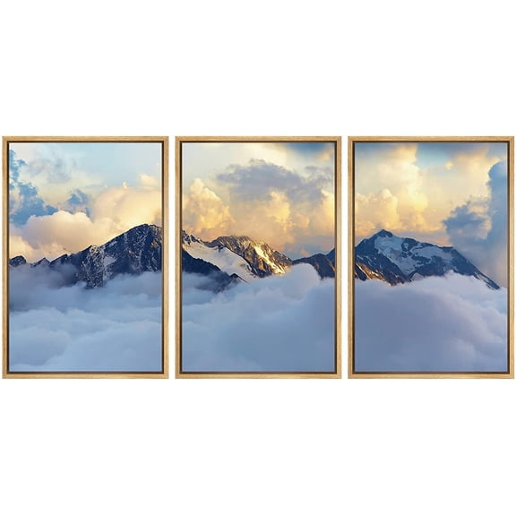 wall26 - 3 Piece Framed Canvas Wall Art - Alpine Landscape with Peaks Covered by Snow and Clouds - Modern Home Art Stretched and Framed Ready to Hang - 24"x36"x3 NATURAL