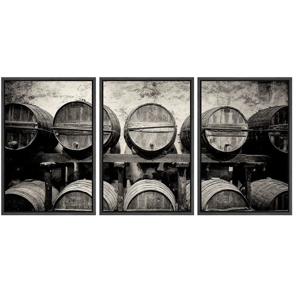 wall26 - 3 Piece Framed Canvas Wall Art - Barrels Stacked in The Winery in Black and White - Modern Home Art Stretched and Framed Ready to Hang - 16"x24"x3 BLACK