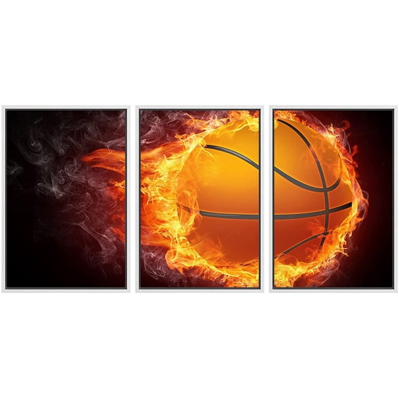 wall26 - 3 Piece Framed Canvas Wall Art - Basketball Ball on Fire. 2D Graphics. Computer Design. - Modern Home Art Stretched and Framed Ready to Hang - 16"x24"x3 WHITE