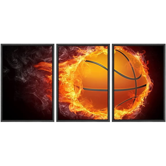 wall26 - 3 Piece Framed Canvas Wall Art - Basketball Ball on Fire. 2D Graphics. Computer Design. - Modern Home Art Stretched and Framed Ready to Hang - 24"x36"x3 BLACK