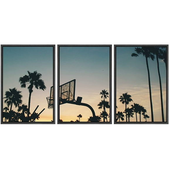 wall26 - 3 Piece Framed Canvas Wall Art - Basketball Stands and Palm Trees Under The Sunset - Modern Home Art Stretched and Framed Ready to Hang - 24"x36"x3 BLACK