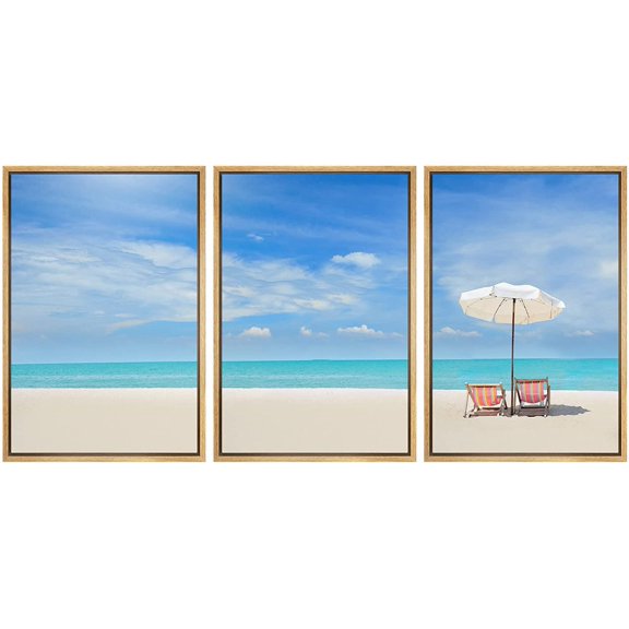 wall26 - 3 Piece Framed Canvas Wall Art - Beach Chairs on The White Sand Beach with Cloudy Blue Sky - Modern Home Art Stretched and Framed Ready to Hang - 16"x24"x3 NATURAL