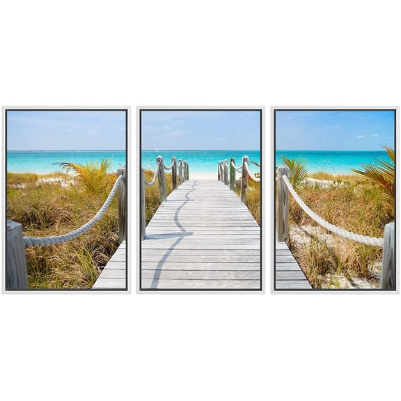 wall26 - 3 Piece Framed Canvas Wall Art - Beautiful Beach at Caribbean Providenciales Island in Turks and Caicos - Modern Home Art Stretched and Framed Ready to Hang - 16"x24"x3 WHITE