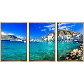 wall26 - 3 Piece Framed Canvas Wall Art - Beautiful Islands of Greece- Karpathos- Pigadia - Modern Home Art Stretched and Framed Ready to Hang - 16"x24"x3 NATURAL