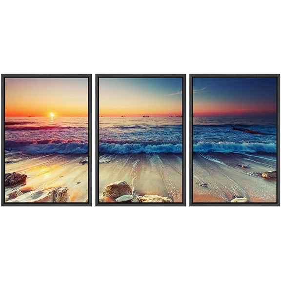 wall26 - 3 Piece Framed Canvas Wall Art - Beautiful Sunrise Over The Horizon - Modern Home Art Stretched and Framed Ready to Hang - 24"x36"x3 Black