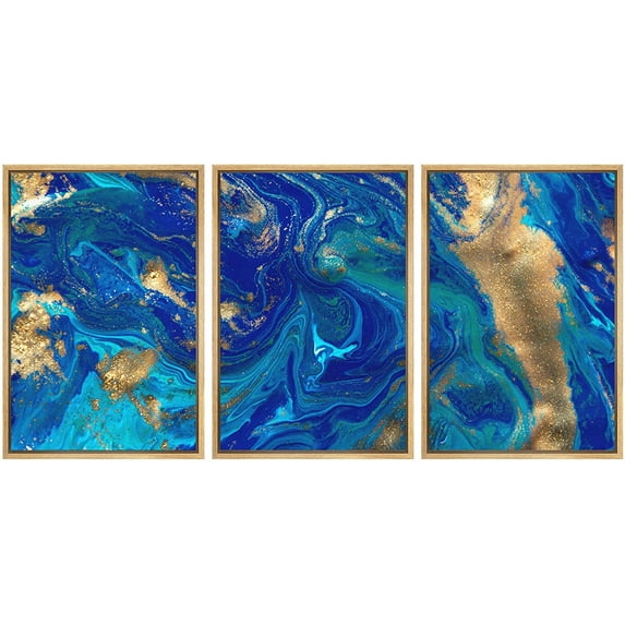 wall26 3 Piece Framed Canvas Wall Art Blue Abstract Background. Liquid Marble Pattern Art Stretched and Framed Ready to Hang - 24"x36"x3 Natural