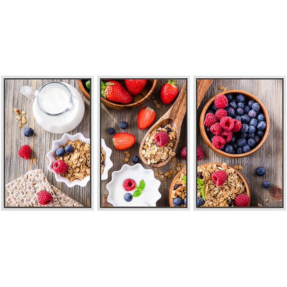 wall26 - 3 Piece Framed Canvas Wall Art - Breakfast with Muesli, Berries, Crisp Bread and Yogurt - Modern Home Art Stretched and Framed Ready to Hang - 16"x24"x3 WHITE
