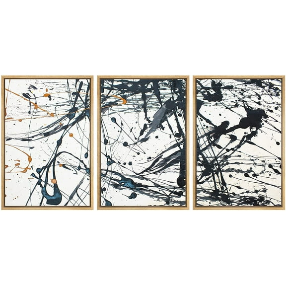 wall26 - 3 Piece Framed Canvas Wall Art - Bright Flower with Yellow Splashes on Black Background - Modern Home Art Stretched and Framed Ready to Hang - 24"x36"x3 Natural
