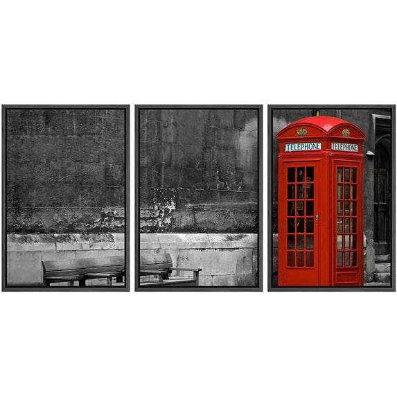wall26 - 3 Piece Framed Canvas Wall Art - British Phone Booth with Weathered Wooden Bench - Modern Home Art Stretched and Framed Ready to Hang - 16"x24"x3 Black