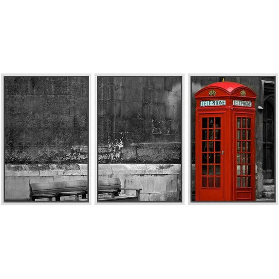 wall26 - 3 Piece Framed Canvas Wall Art - British Phone Booth with Weathered Wooden Bench - Modern Home Art Stretched and Framed Ready to Hang - 24"x36"x3 White