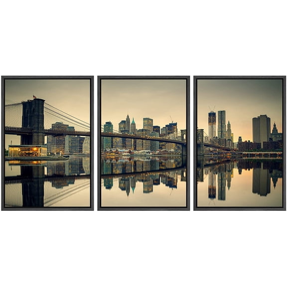 wall26 - 3 Piece Framed Canvas Wall Art - Brooklyn Bridge and Manhattan at Dusk, New York City - Modern Home Art Stretched and Framed Ready to Hang - 16"x24"x3 Black