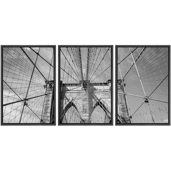 wall26 - 3 Piece Framed Canvas Wall Art - Brooklyn Bridge New York City, USA in Black and White - Modern Home Art Stretched and Framed Ready to Hang - 16"x24"x3 Black