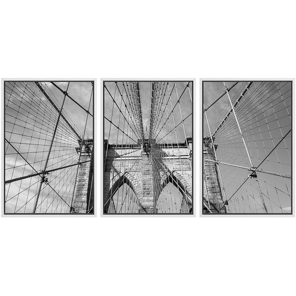 wall26 - 3 Piece Framed Canvas Wall Art - Brooklyn Bridge New York City, USA in Black and White - Modern Home Art Stretched and Framed Ready to Hang - 16"x24"x3 White