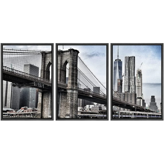 wall26 - 3 Piece Framed Canvas Wall Art - Brooklyn Bridge in Vintage Color,New York - Modern Home Art Stretched and Framed Ready to Hang - 16"x24"x3 Black