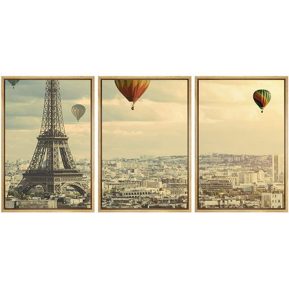 wall26 - 3 Piece Framed Canvas Wall Art - Colorful Hot Balloons Flying Above The Eiffel Tower in Paris - Modern Home Art Stretched and Framed Ready to Hang - 16"x24"x3 Natural