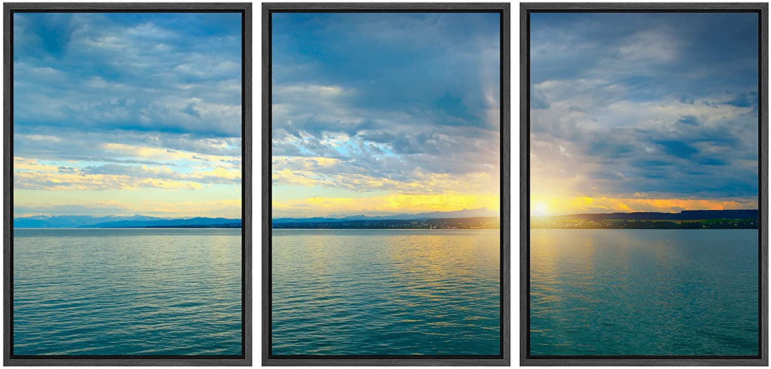 wall26 - 3 Piece Framed Canvas Wall Art - Dawn Above Sea and Blue Sky ...