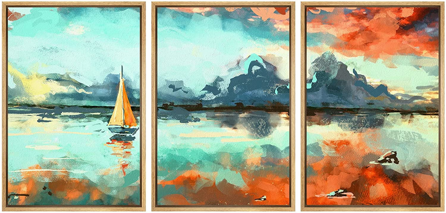 wall26 - 3 Piece Framed Canvas Wall Art - Digital Painting of Boat in ...