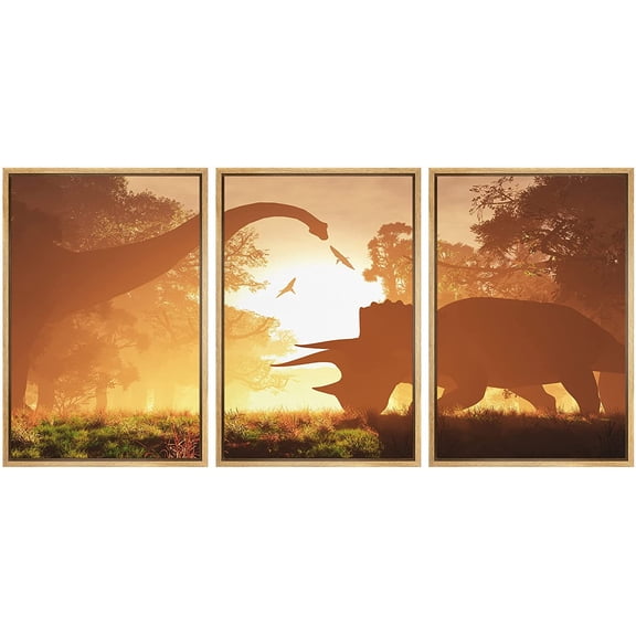 wall26 - 3 Piece Framed Canvas Wall Art - Dinosaurs in Prehistoric Jungle in The Sunset Sunrise 3D Artwork - Modern Home Art Stretched and Framed Ready to Hang - 16"x24"x3 NATURAL