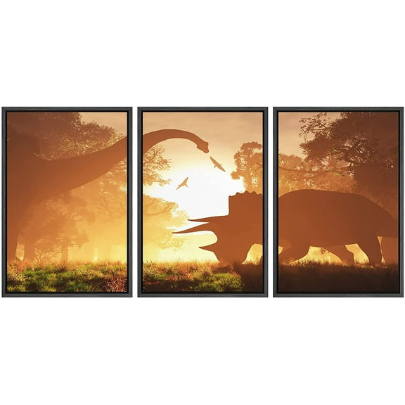 wall26 - 3 Piece Framed Canvas Wall Art - Dinosaurs in Prehistoric Jungle in The Sunset Sunrise 3D Artwork - Modern Home Art Stretched and Framed Ready to Hang - 24"x36"x3 BLACK