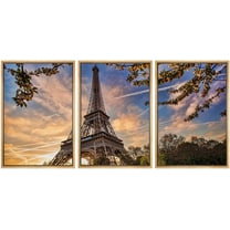 wall26 - 3 Piece Framed Canvas Wall Art - Eiffel Tower with Spring Tree in Paris, France - Modern Home Art Stretched and Framed Ready to Hang - 16"x24"x3 Natural